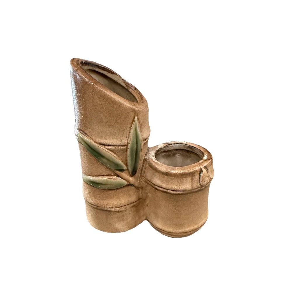 Vintage Stoneware Bamboo Shaped Bud Vase‎ Signed Red Mark Numbers
